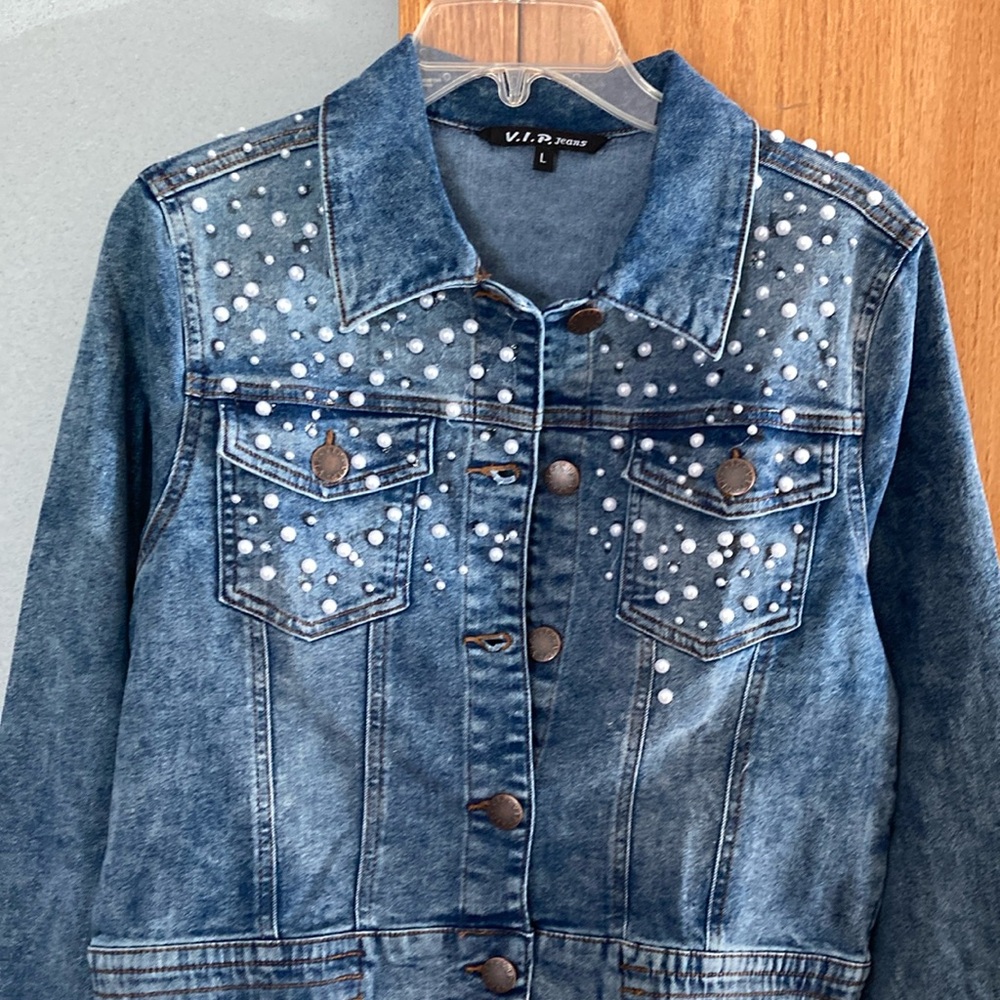 VIP Blue Jean Jacket with Rhinestone Embellishments